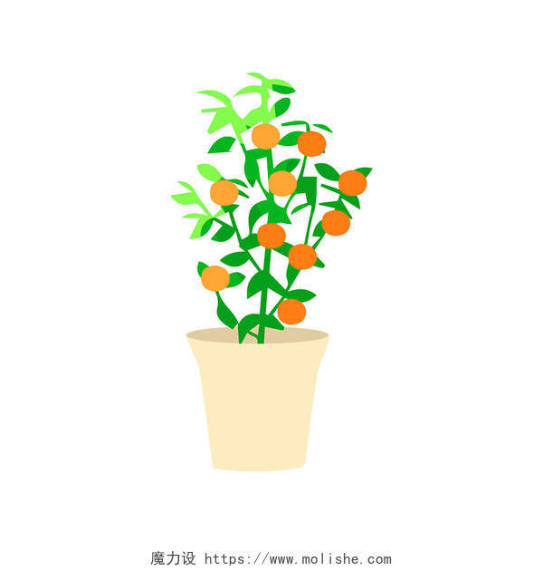 绿色手绘卡通橘子树橘子盆栽植物新年装饰元素PNG素材